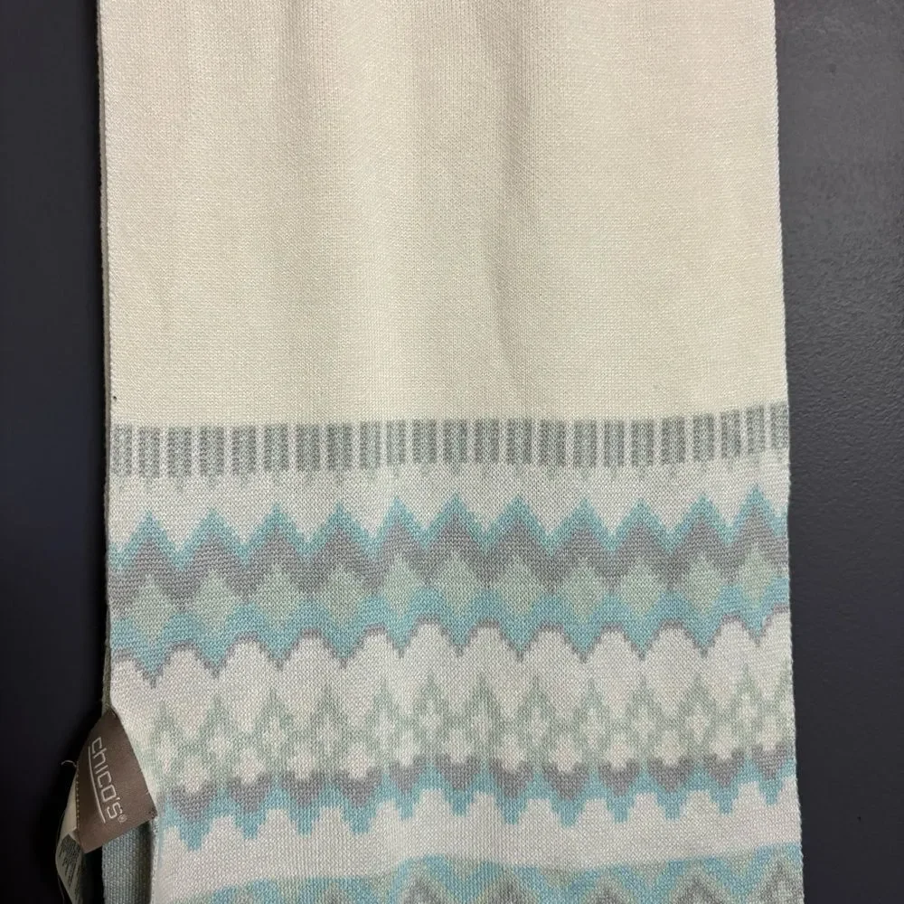 Chico's Fall Winter Scarf Ivory and Ice Blue Pattern 100% Rayon cozy soft NEW